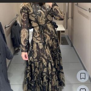 H&M Black and Gold Paisley Long Sleeve Dress